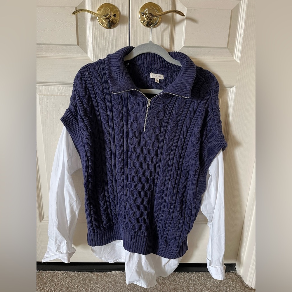 NWOT Pilcro by Anthropologie Navy Cable Knit Twofer Sweater - Picture 5 of 7